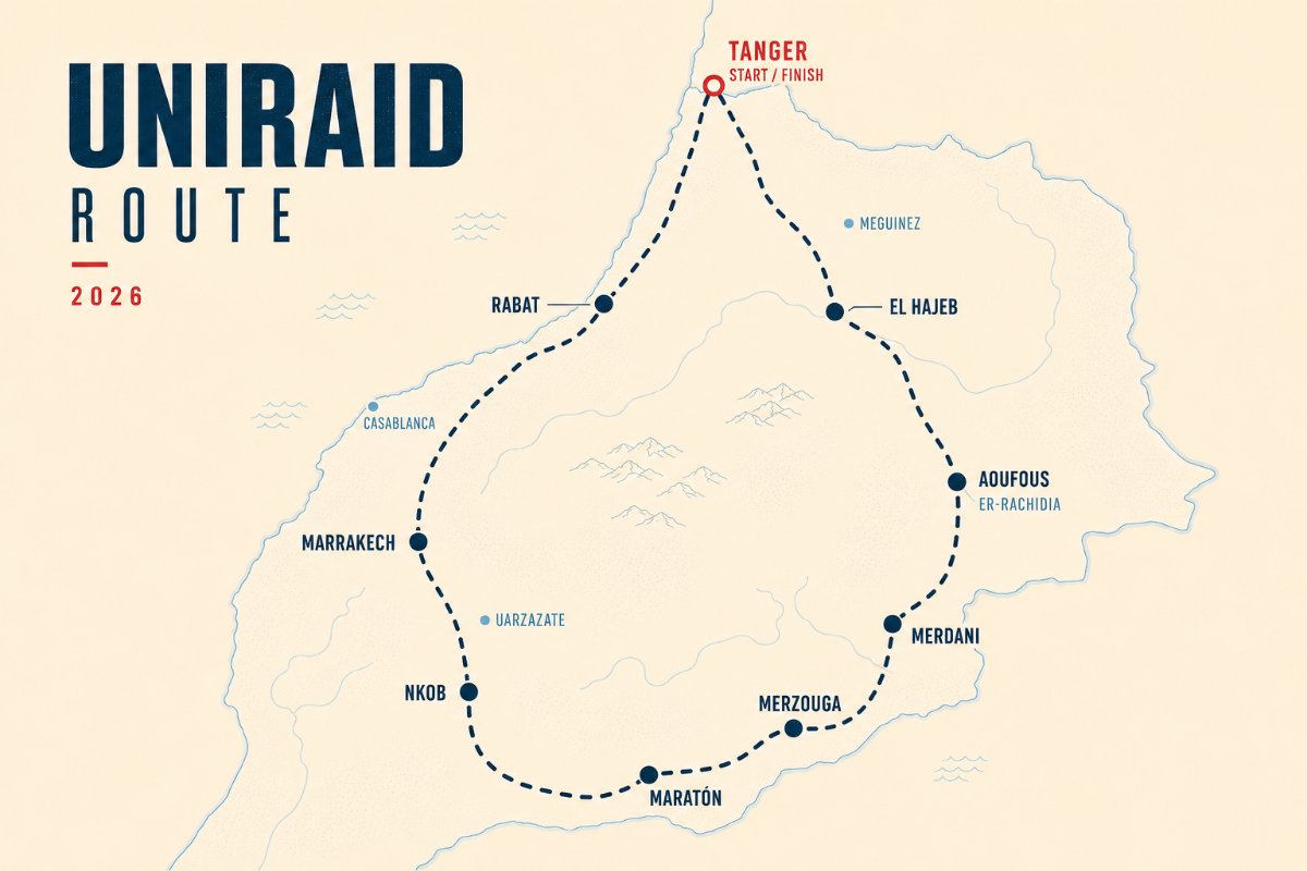 UniRaid 2026 route across Morocco: Tanger start/finish, through Rabat, Marrakech, Merzouga, Aoufous and El Hajeb